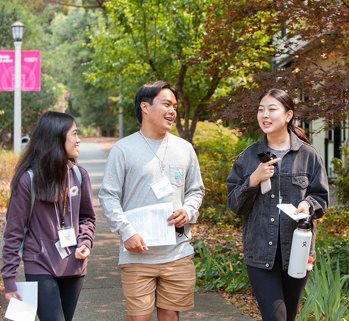 Three students walking down a tree-lined path holding papers on the Dominican campus.