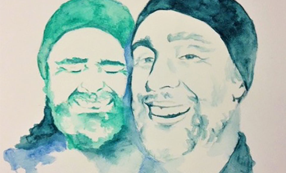 two men laughing pencil watercolor by alumna sabrina dunbar