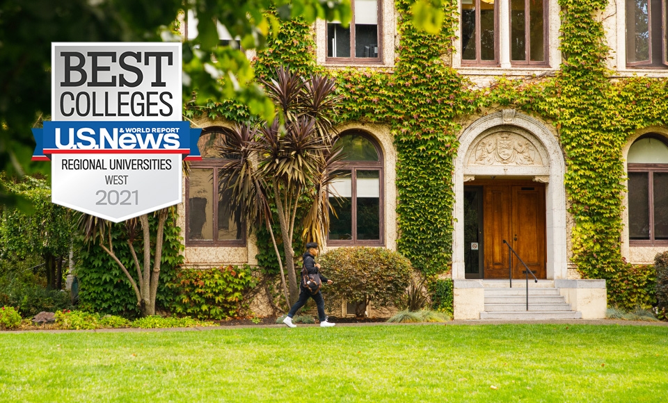 Guzman Hall ivy with U.S. News & World Report Best Colleges badge