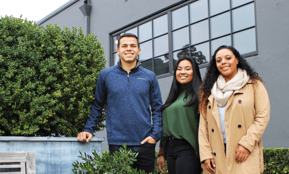 Dominican students Tianna Brown ’19, Emma Tobola ’19, and Brendan Adame ‘20, pose outside their new job site