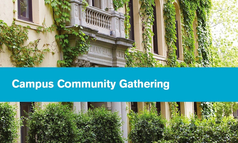 image of main entrance to Guzman Hall to promote virtual campus community gathering