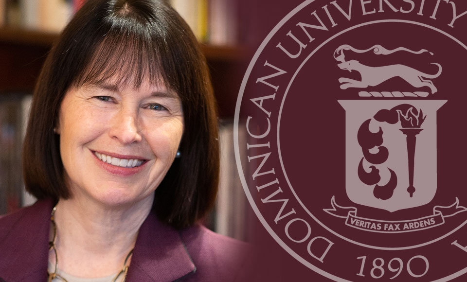 image of head shot of Mary Marcy bordered by Dominican seal for news story about Op-Ed in Inside Higher Education