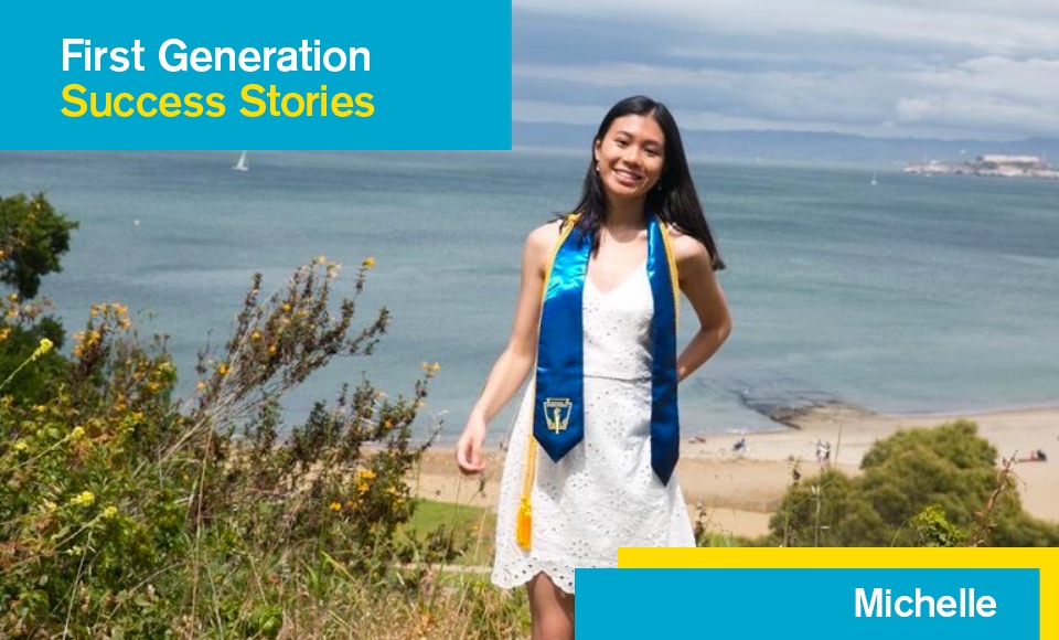 Image created for First Gen Student Success Story Series from photo of Michelle Chang posing above coastline