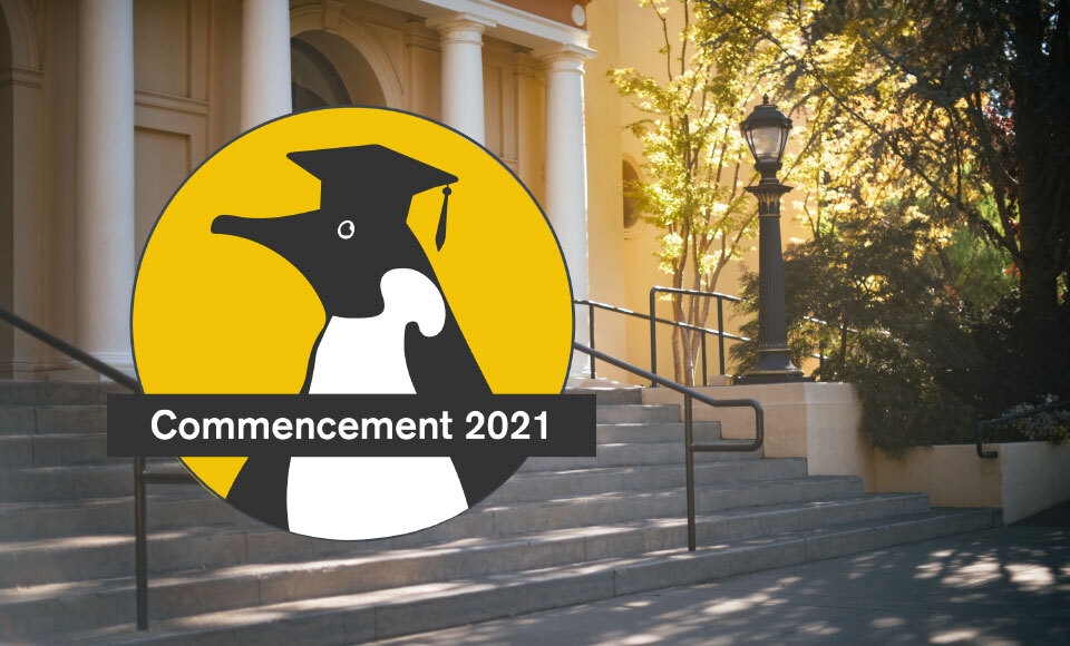 penguin graphic with text commencement 2021