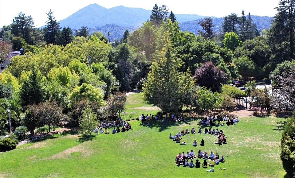 Photo from top floor of Meadowlands Hall of past incoming students sitting in circles during Orientation sessions on Meadowlands Lawn with Mt. Tam in the distance