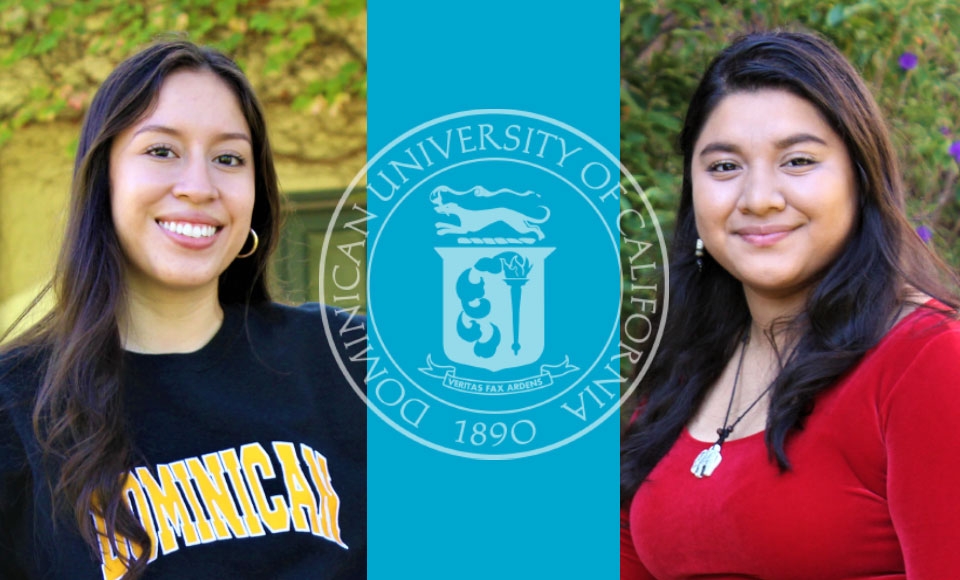 Photos of incoming freshmen Kaith Monterroso (left) wearing black Dominican sweatshirt and Sizi Rios wearing red top with blue strip of Dominican logo between photos