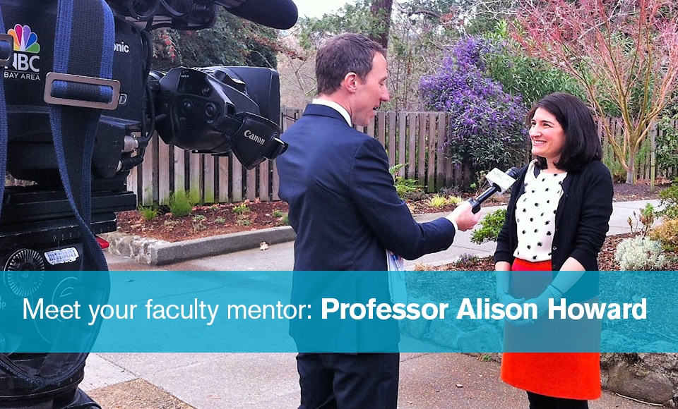 Political Science professor Alison Howard being interviewed on campus on Fox TV crew