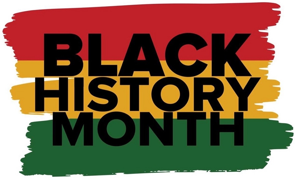 Black History Month graphic with text over red, yellow and green background