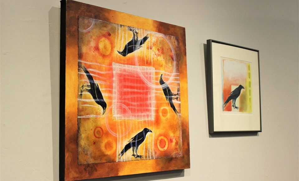 Photo of two colorful pieces of art for the Graduate Art Therapy exhibit in San Marco Gallery