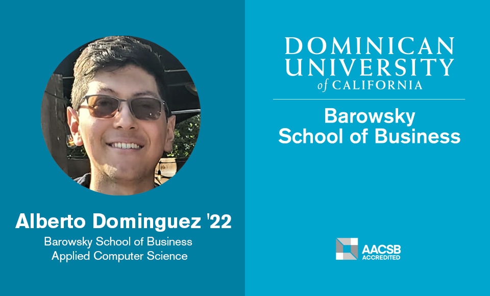 Head shot of ACS graduate Alberto Dominguez on left side of two-toned blue graphic image with Barowsky School of Business text