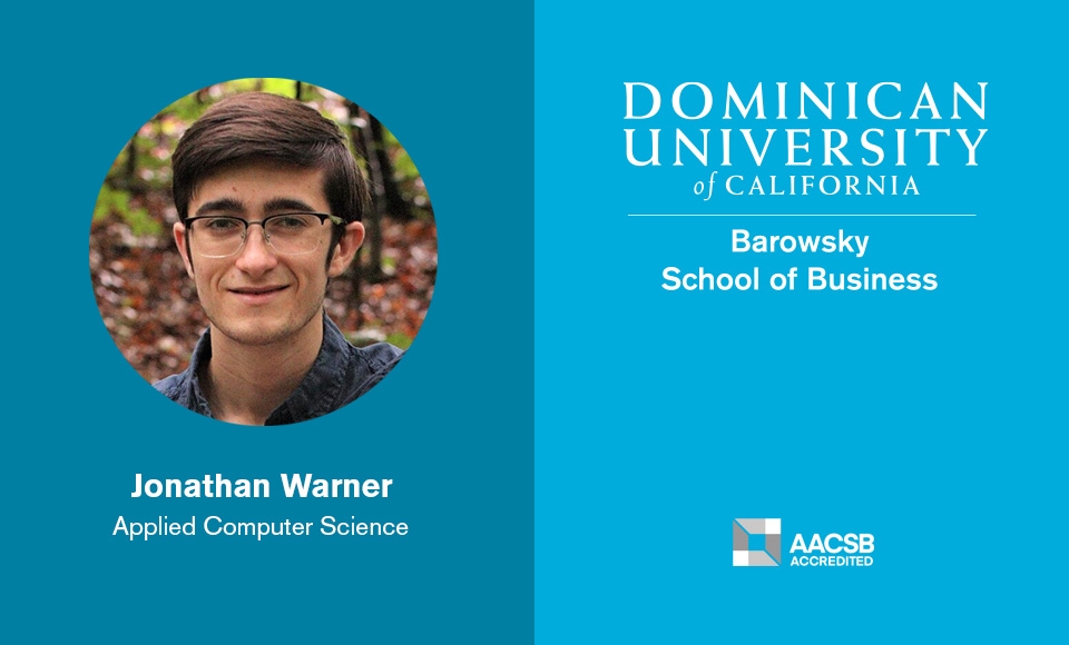 Head shot of Applied Computer Science program graduate Jonathan Warner on left of Homepage image with blue border and text