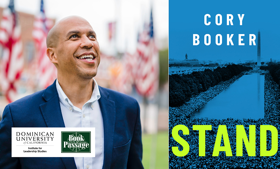 U.S. Senator Cory Book headshot next to book cover of Stand by Cory Booker