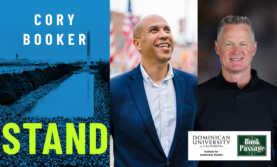 Headshots of Cory Book and Steve Kerr next to book cover for STAND. Two logos are shown.