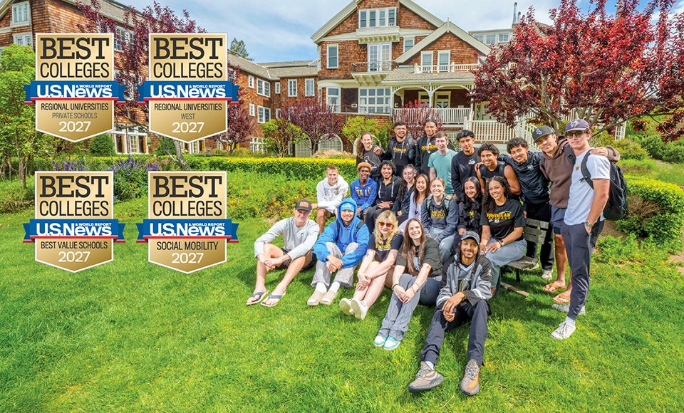 group of students in front of meadowlands halls
